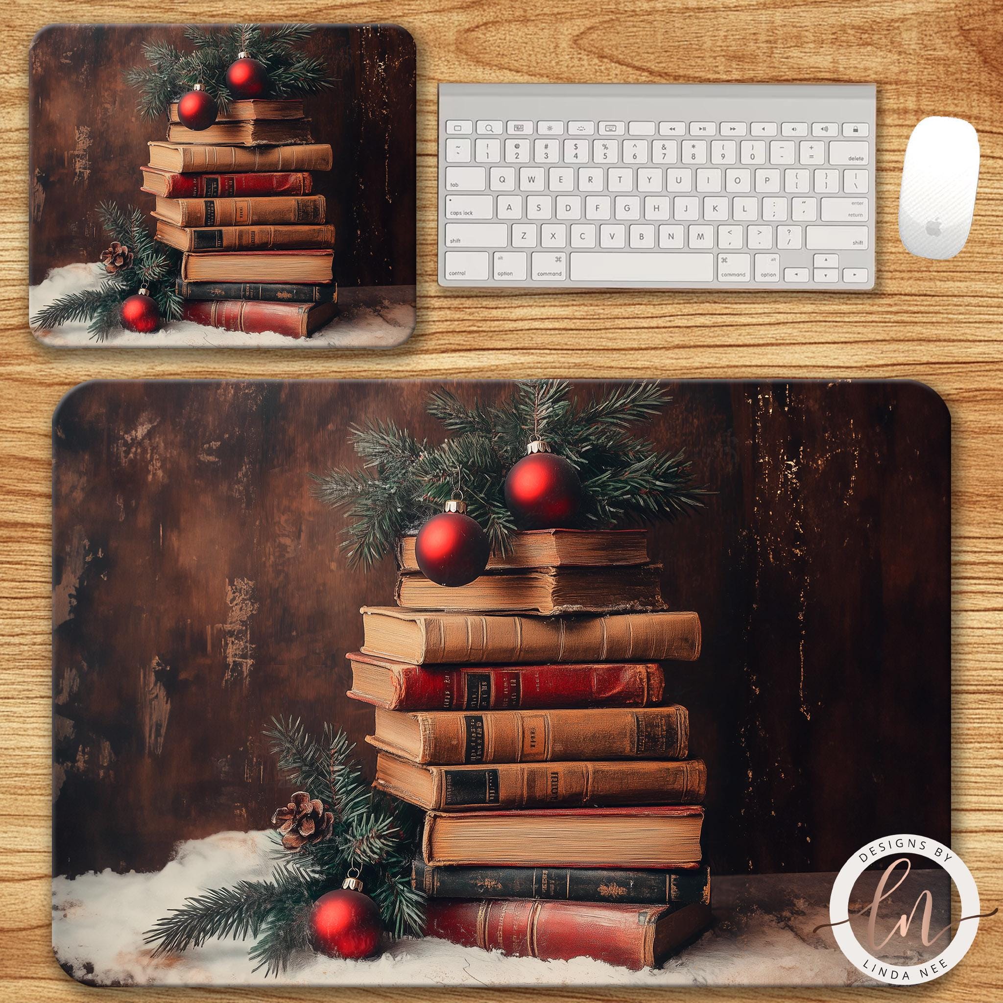 Vintage Book Pile Christmas Mousepad - Holiday DecorDesigns by Linda Nee
