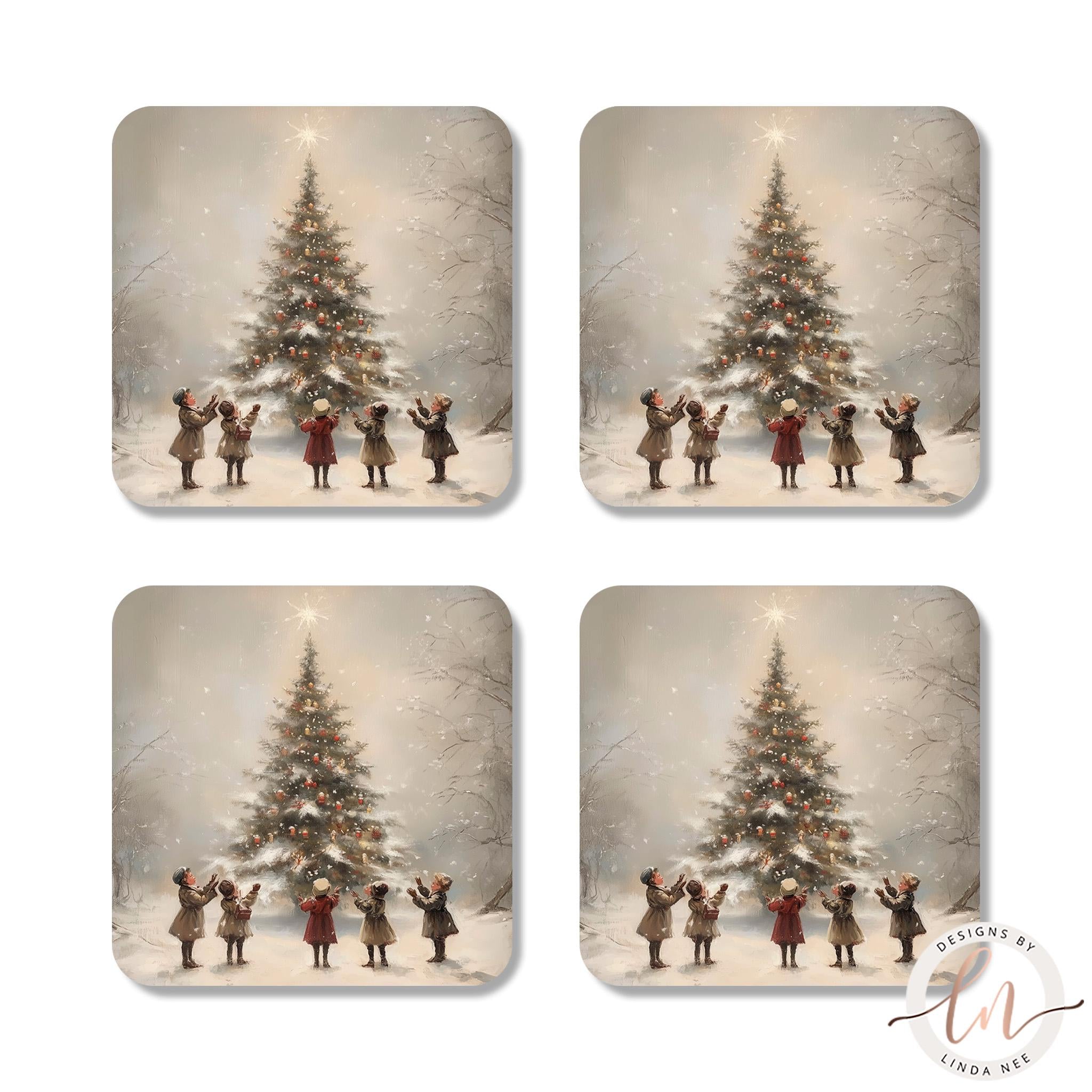 Vintage Christmas Tree Coasters Set - Victorian Holiday ArtDesigns by Linda Nee