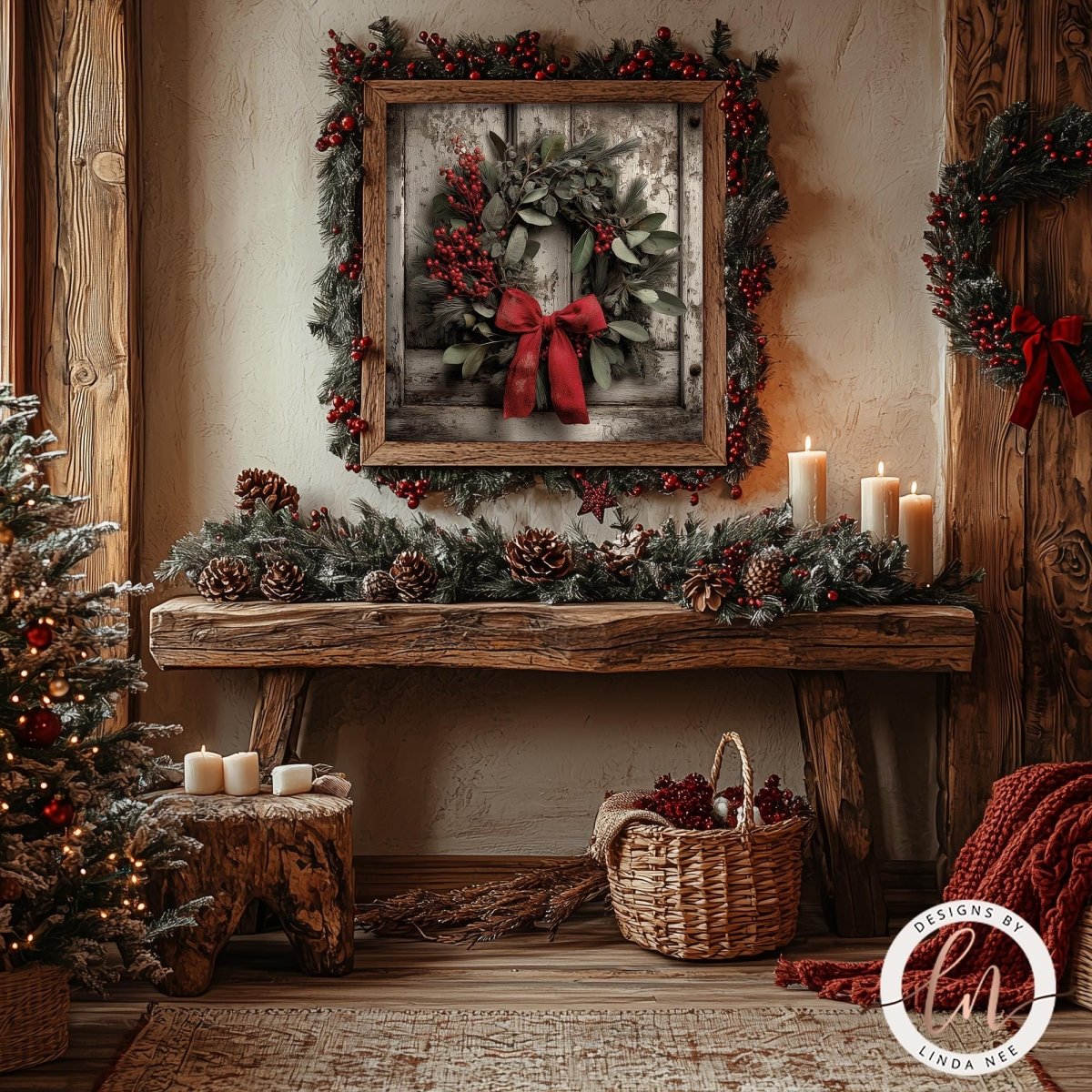 a cozy and festive Christmas scene, featuring a wreath with red bows, pine cones, and berries adorning a wooden table, with a lit candle and a basket of berries on the table. The room is decorated with a Christmas tree, a blanket, and a basket, creating a warm and inviting atmosphere.