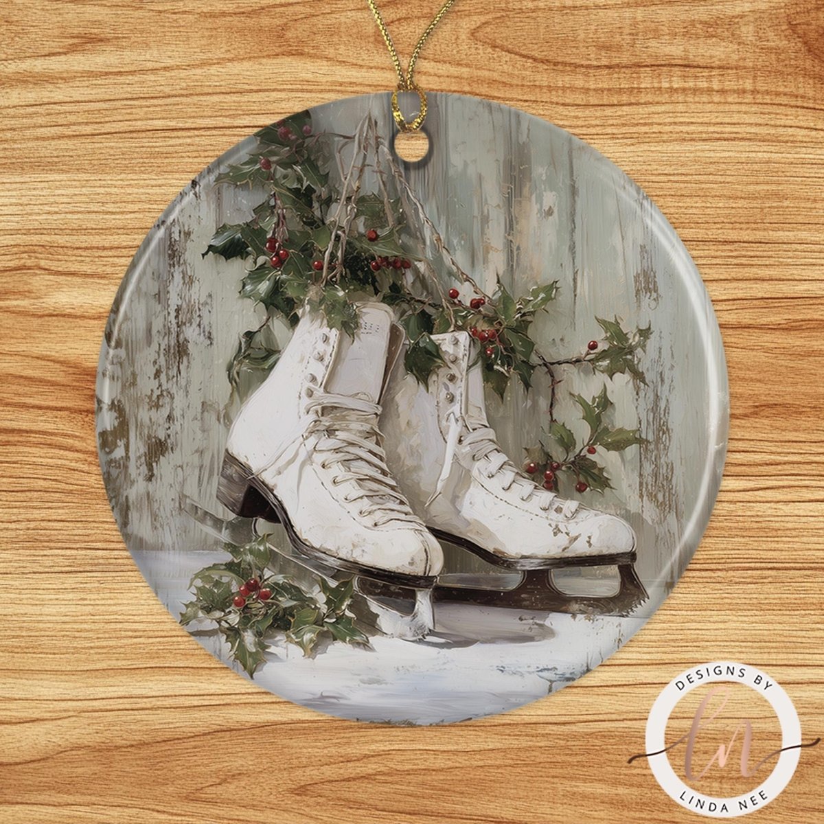 A pair of white ice skates hanging on a wooden fence, surrounded by holly leaves and berries, creating a festive winter scene.