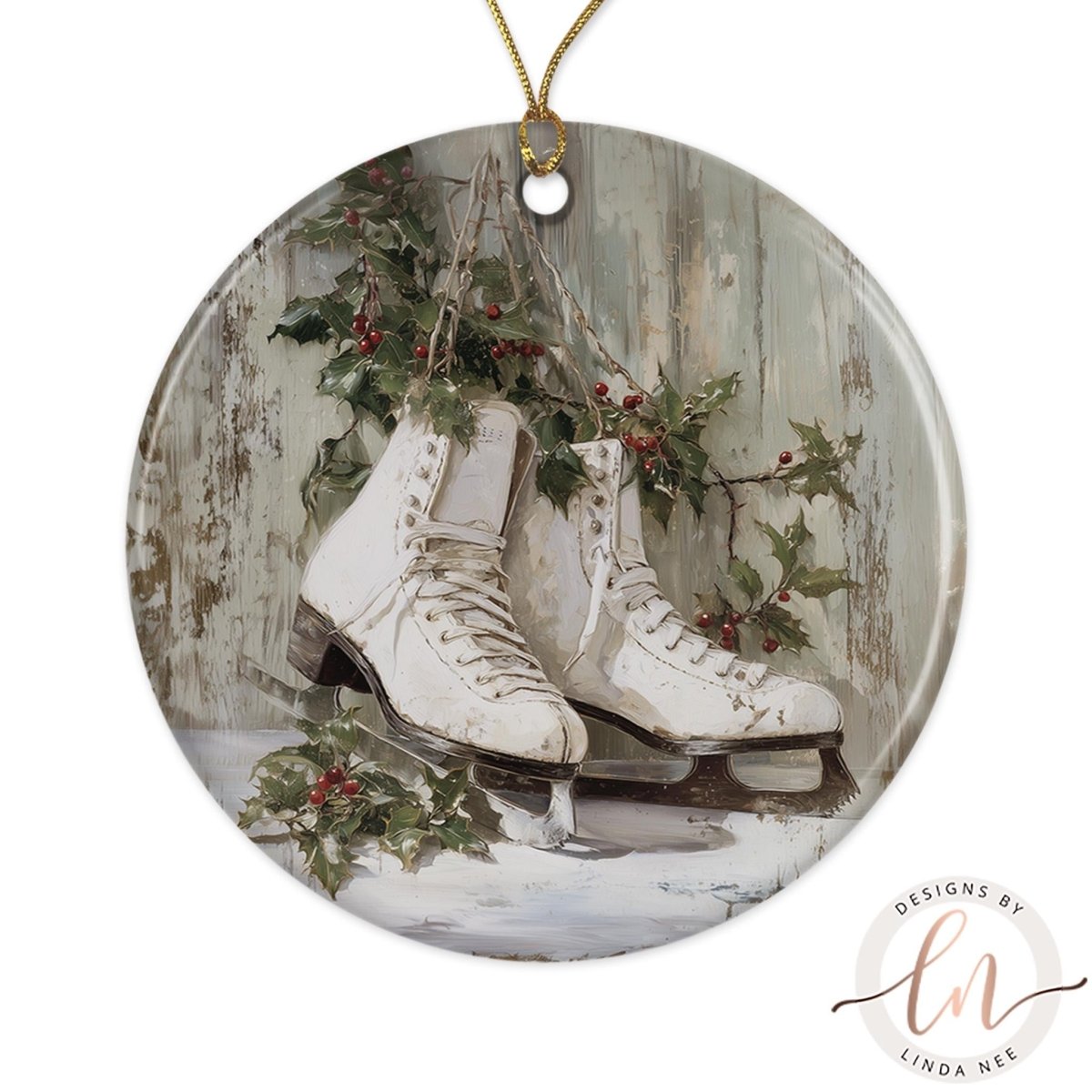 A pair of white ice skates with red berries and greenery hanging from them, set against a weathered wooden background.