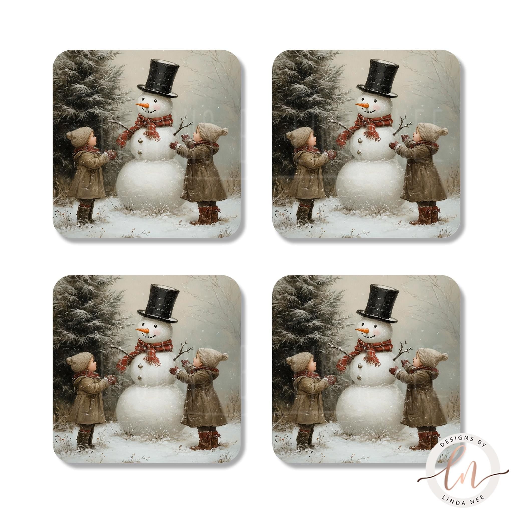 Vintage Snowman Coasters Set - Victorian Christmas ArtDesigns by Linda Nee