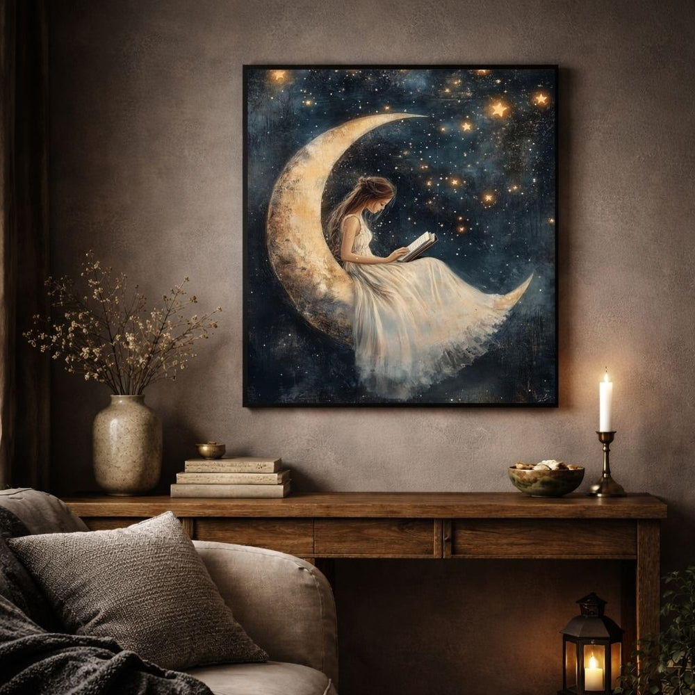 Framed artwork of a woman on a crescent moon reading a book, hanging above a wooden console table in a cozy room.