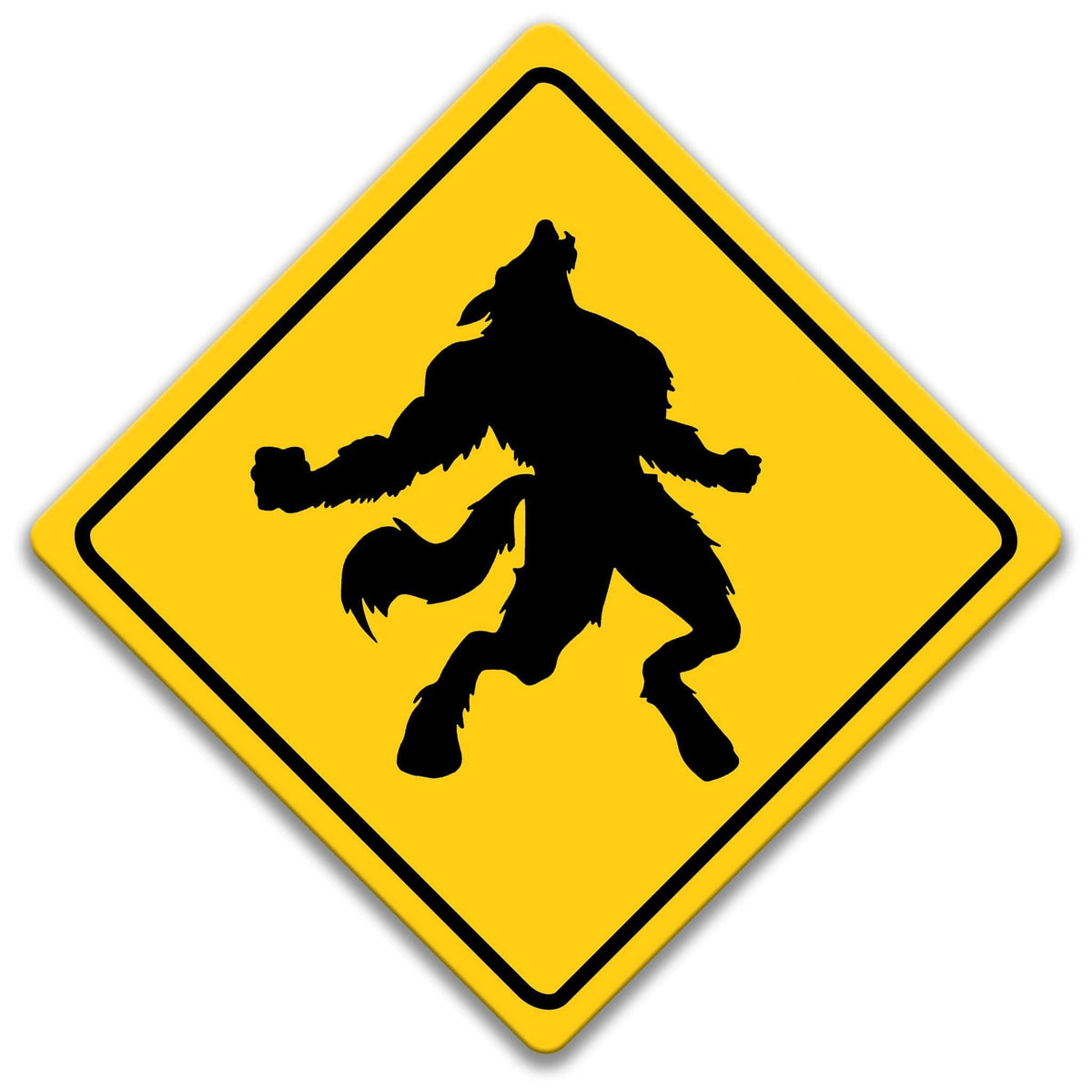 Werewolf crossing caution sign, yellow diamond road sign with black werewolf silhouette, distressed edges, and XING lettering