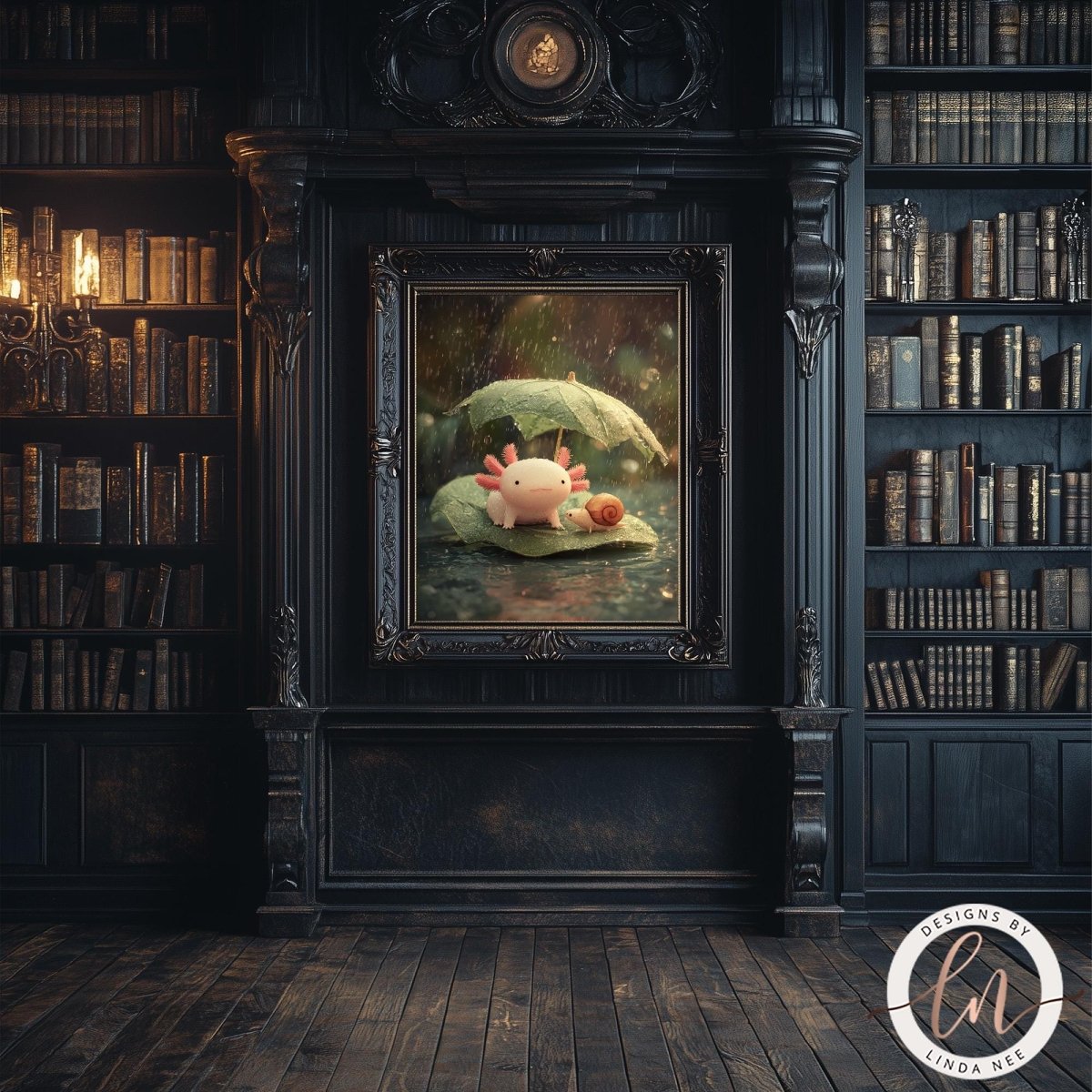 a dark, ornate room with a large bookshelf filled with books. The focal point is a framed painting of an amphibian, possibly a salamander or frog, sitting on a leaf and holding an insect. The painting is displayed on a dark wooden wall above a wooden floor.