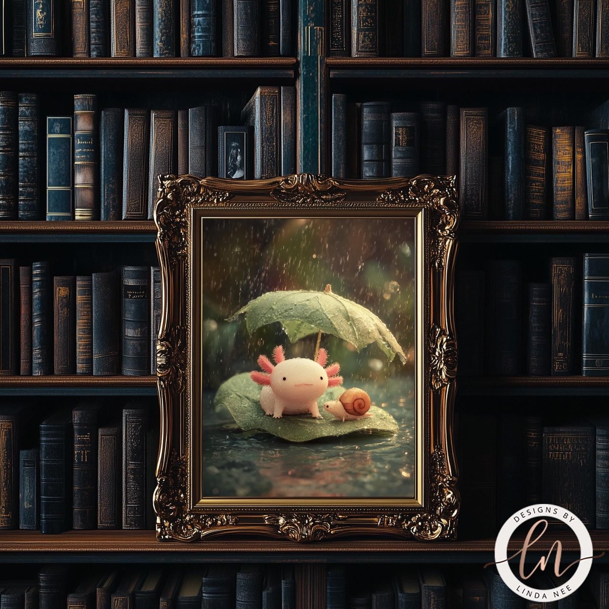 A framed image of a pink axolotl (ladybug) sitting on a leaf, with a snail on the leaf, is displayed in a dark room with bookshelves in the background.