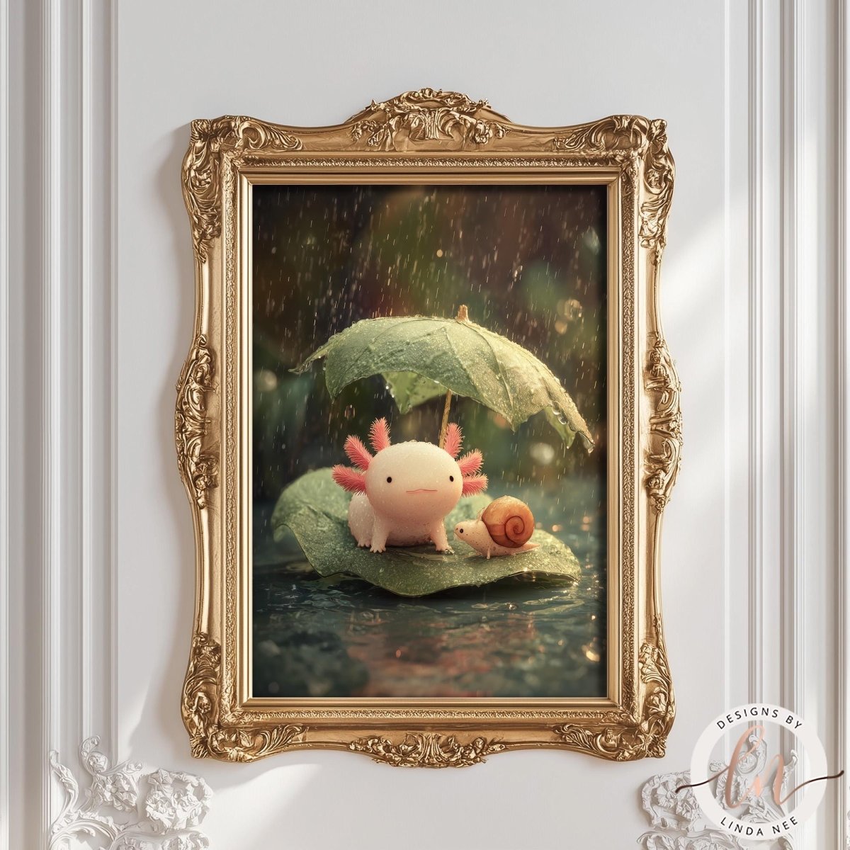 A framed image depicting a pink amphibian sitting on a green leaf, with a snail on the leaf, in a rainy environment.