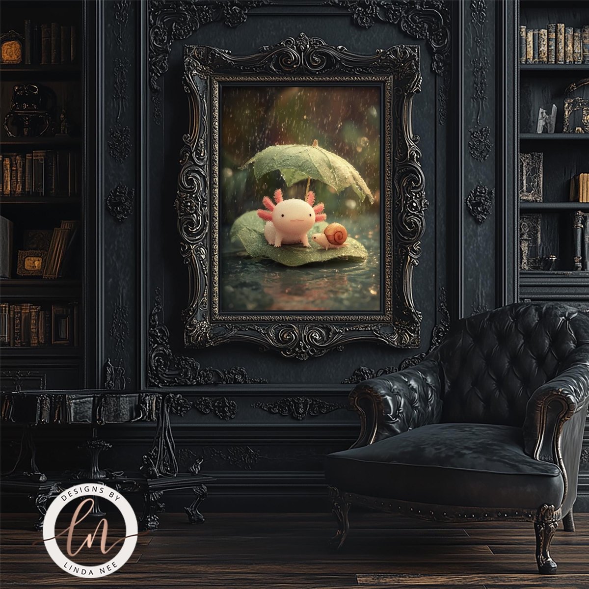 a cozy and elegant living room with a black leather armchair, a bookshelf filled with books, and a framed painting of an amphibian sitting on a leaf.