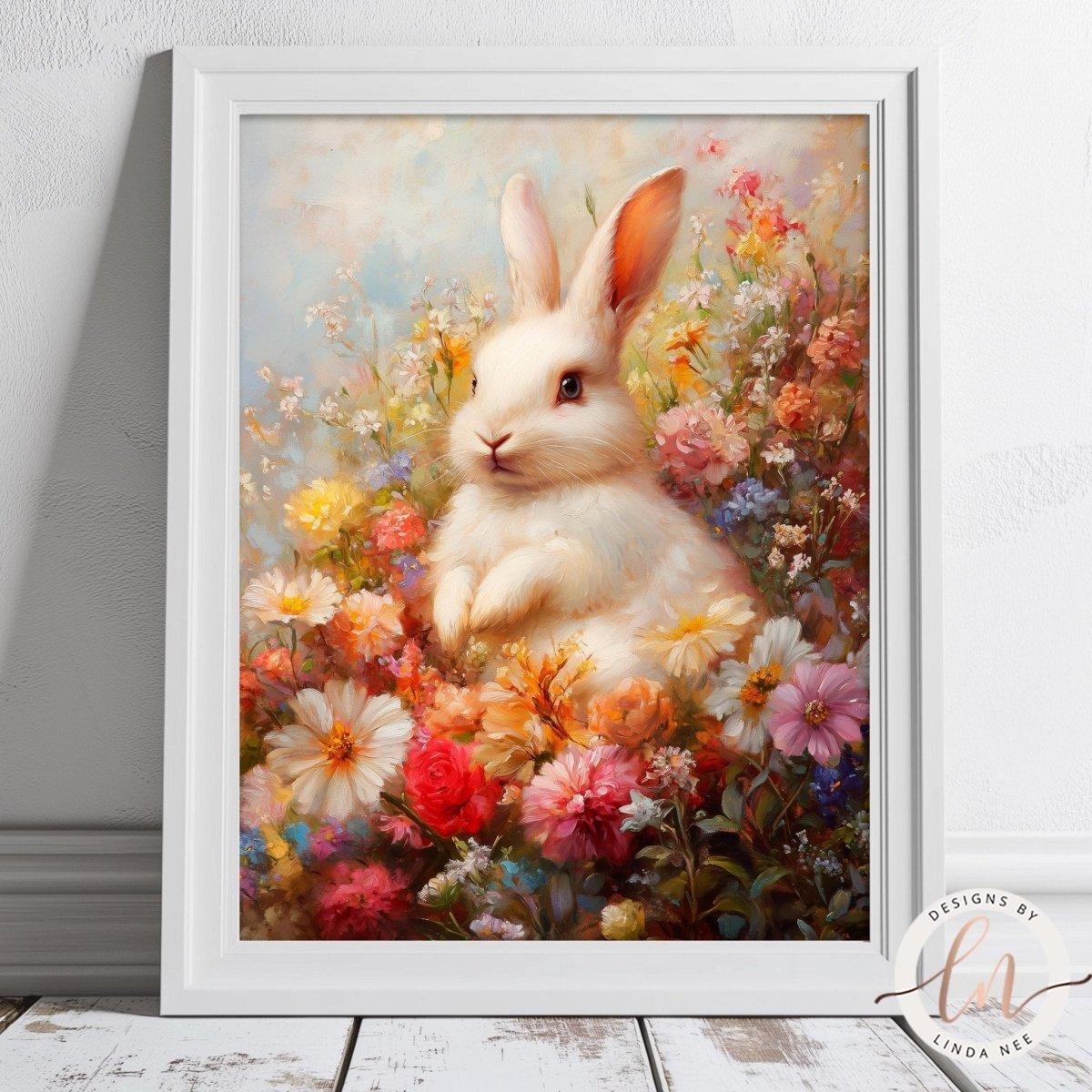 flower rabbit 絵画　イラスト　ドローイング Whimsical Bunny Garden Wall Art Print – Cottagecore Decor