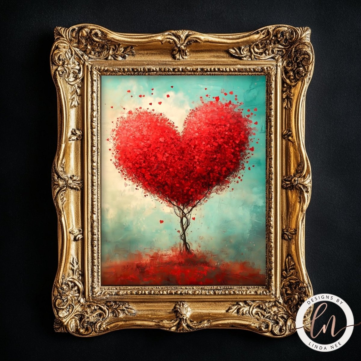 a heart-shaped tree with red leaves, displayed in an ornate gold frame.