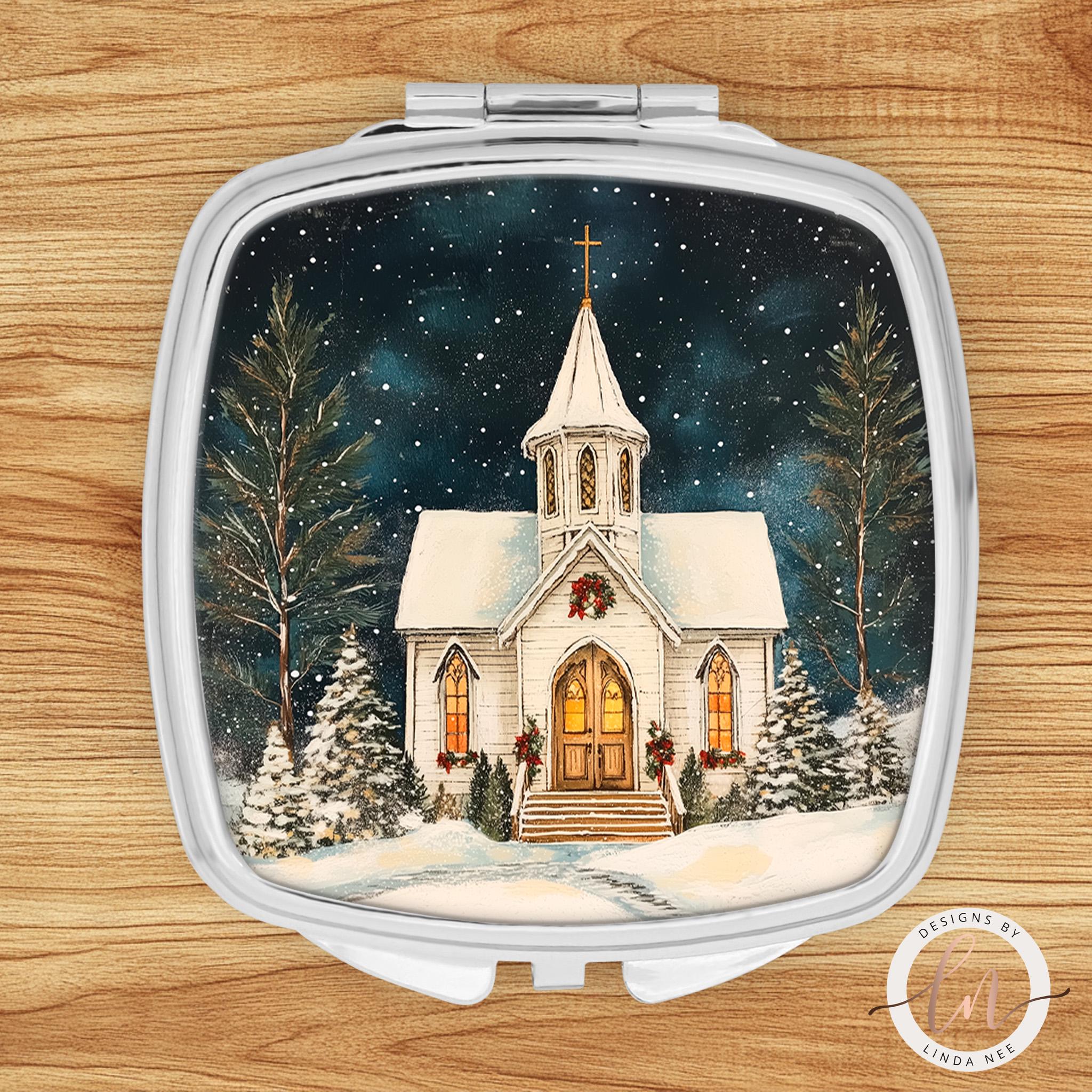 Winter Church Compact Mirror - Christmas Academia GiftDesigns by Linda Nee