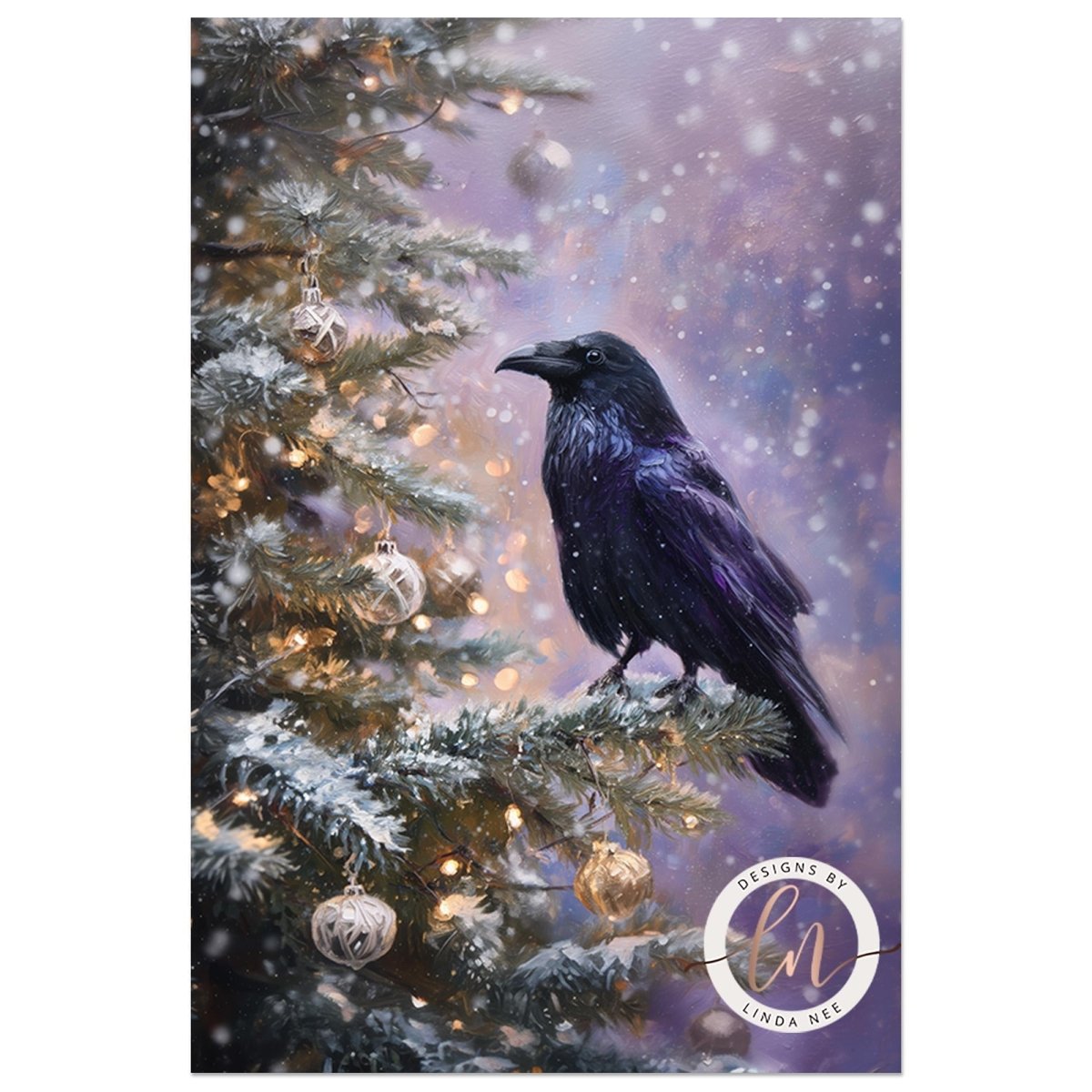 A black crow perched on a snow-covered branch of a Christmas tree adorned with ornaments and twinkling lights.