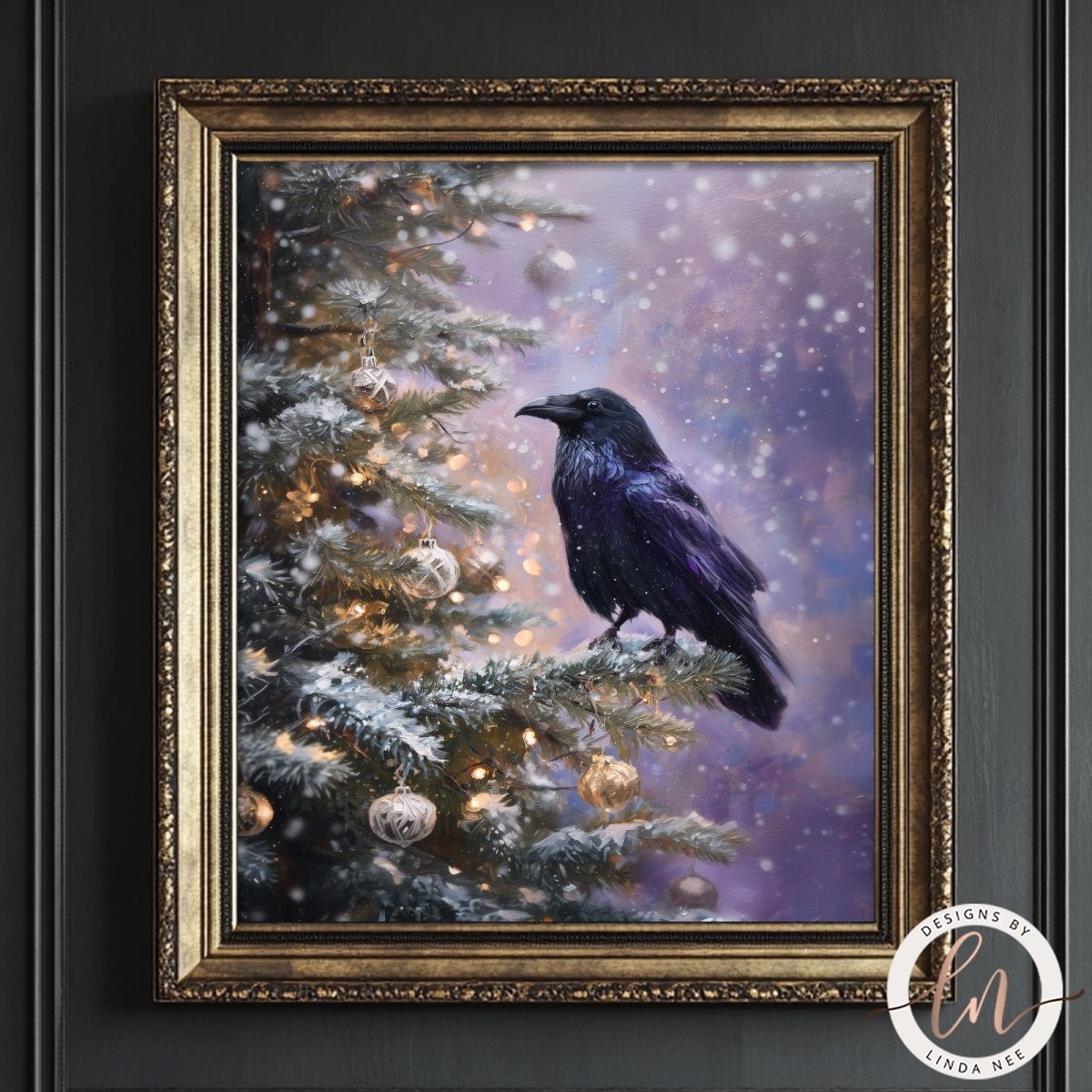 A black crow perched on a snow-covered branch of a Christmas tree, with ornaments and lights adorning the tree.