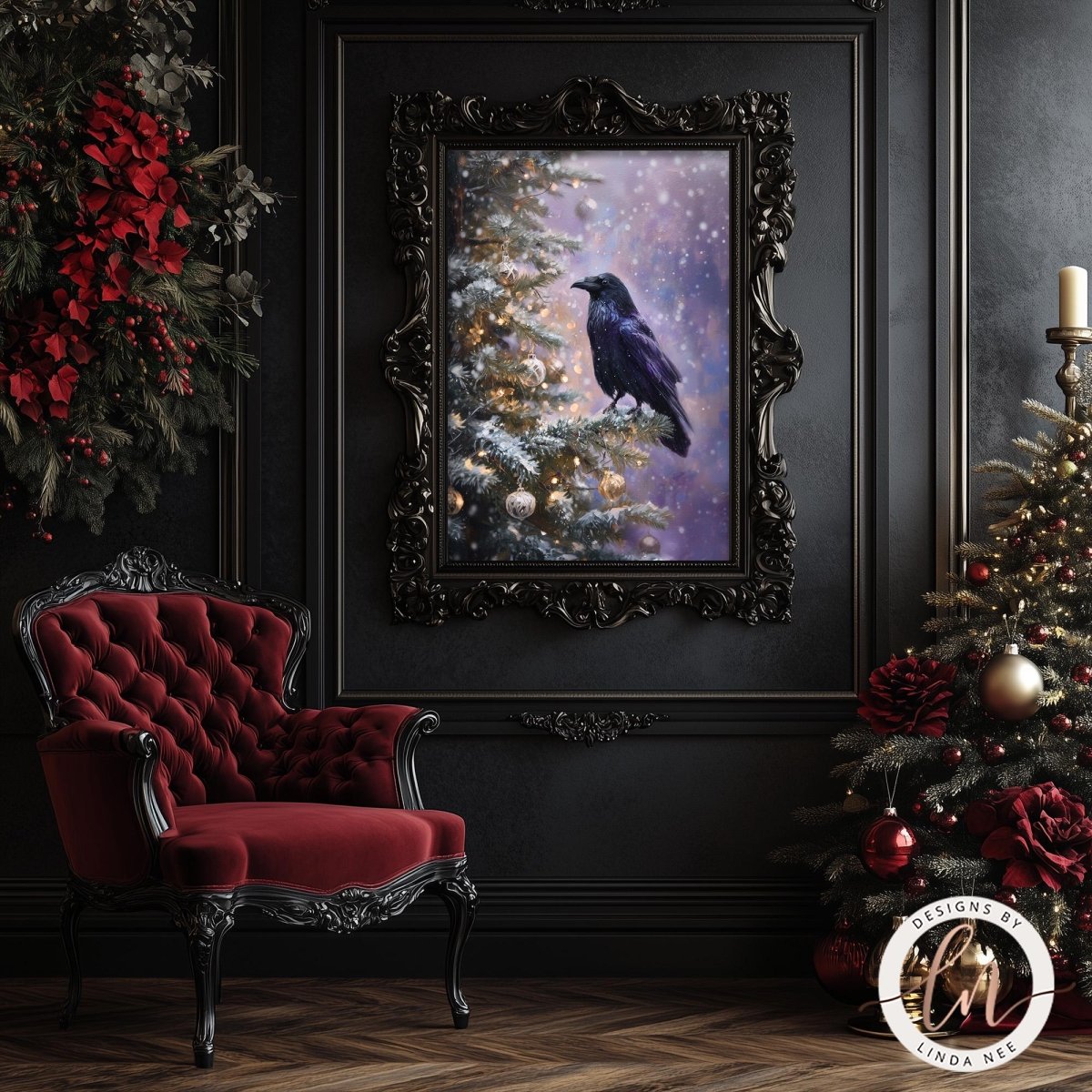 a black and red chair, a framed painting of a black crow perched on a Christmas tree, and a Christmas tree decorated with red and gold ornaments.