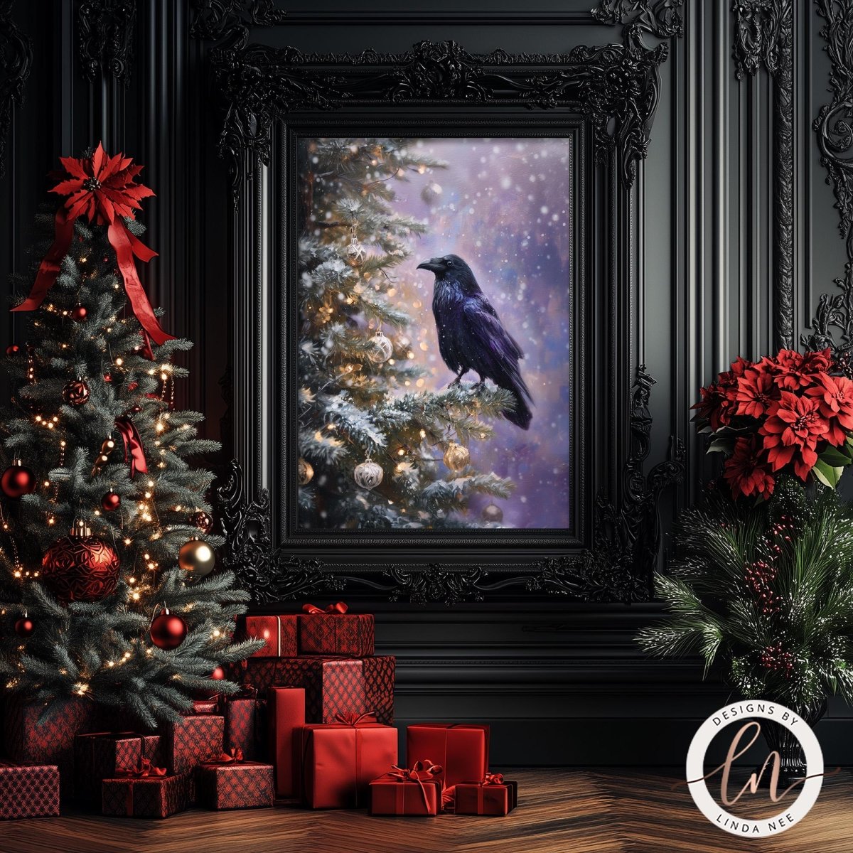 a black crow perched on a snowy Christmas tree, surrounded by red presents and a decorated Christmas tree.