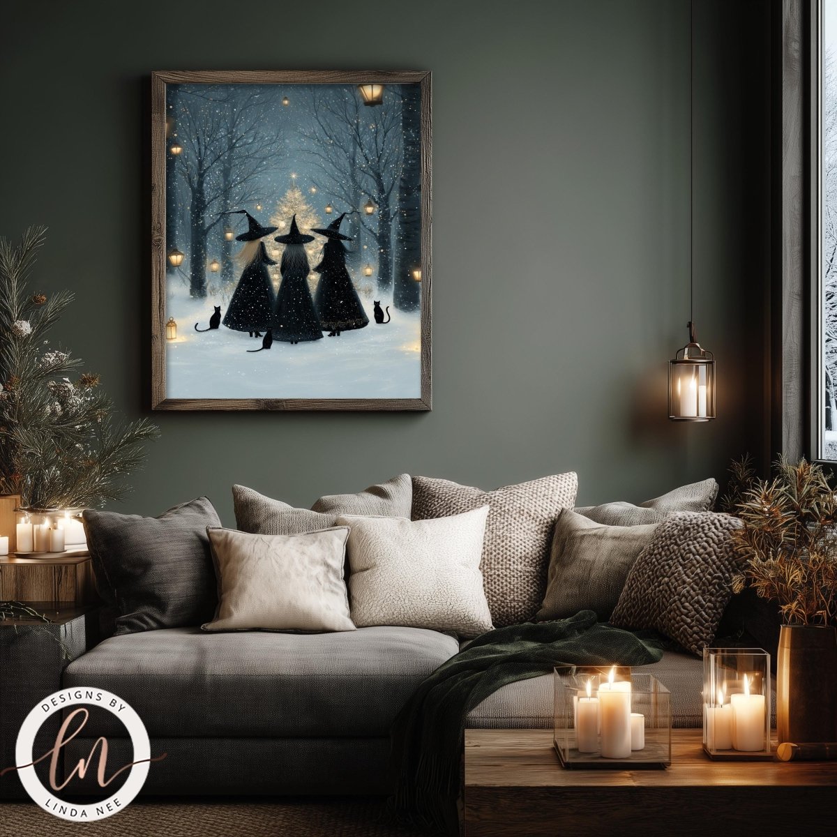a cozy living room with a large framed picture of three black-clad women with pointed hats and wands, surrounded by a snowy forest scene. The room is decorated with candles, a couch, and a potted plant, creating a warm and inviting atmosphere.