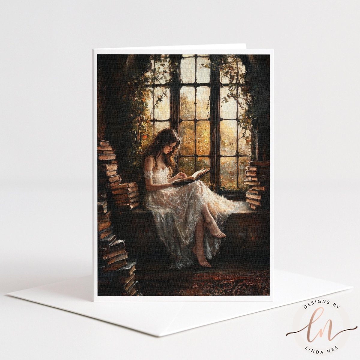A woman in a white dress is sitting on a bench and reading a book, surrounded by a large window and stacks of books.