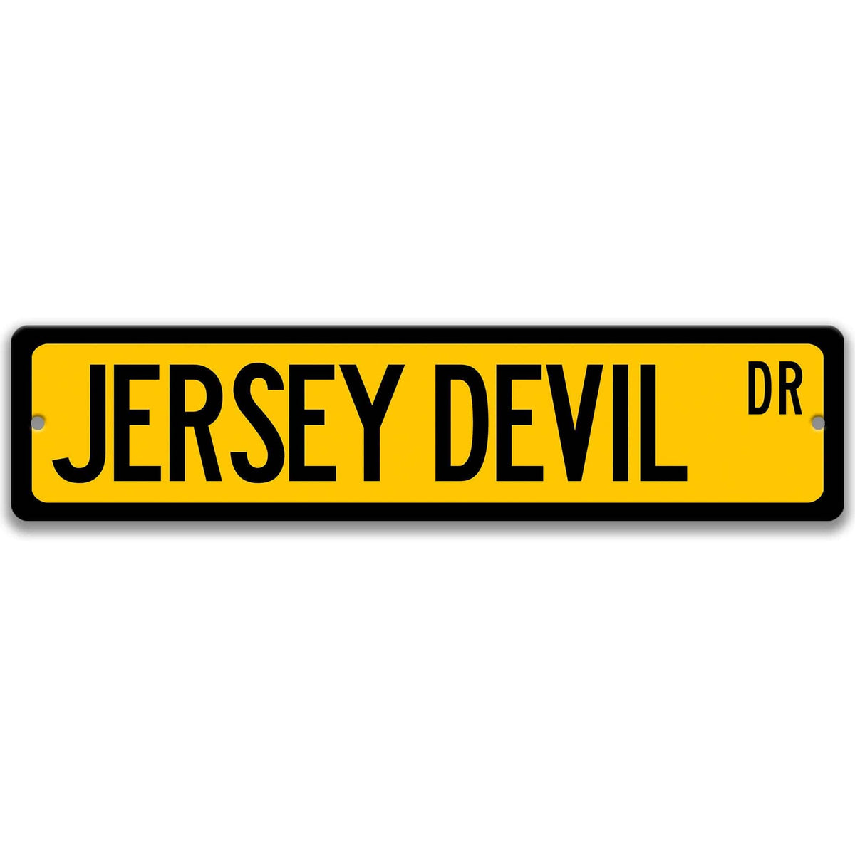 Yellow Jersey Devil aluminum street name sign with black lettering, alternate layout