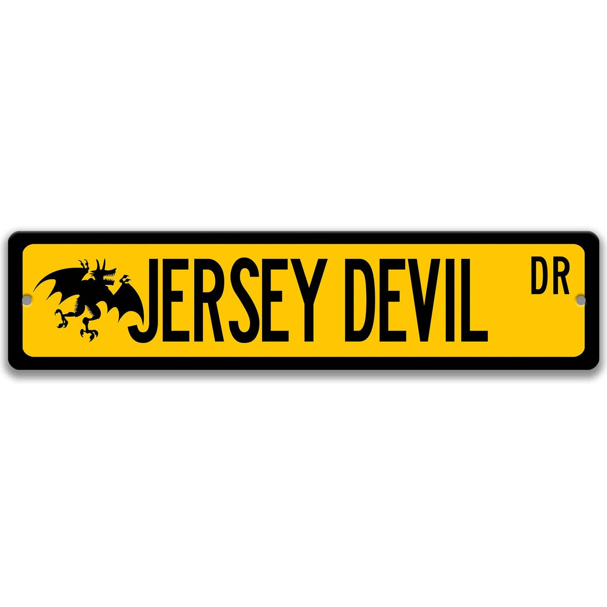 Yellow Jersey Devil aluminum street name sign with black lettering