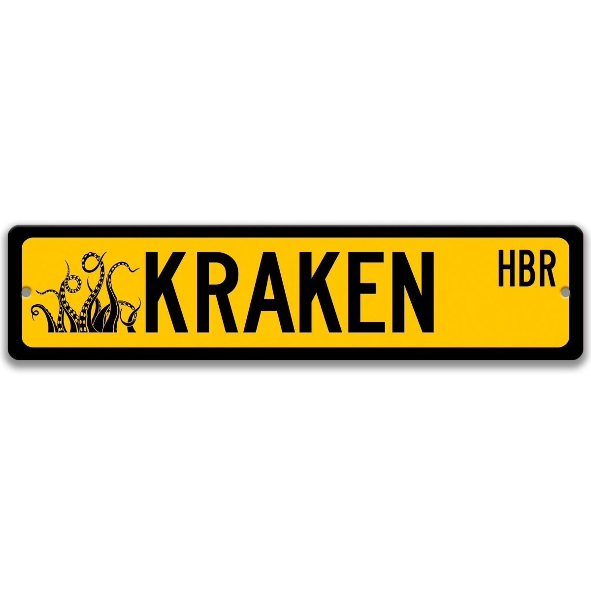 Yellow Kraken HBR aluminum street sign, black lettering with kraken tentacle artwork