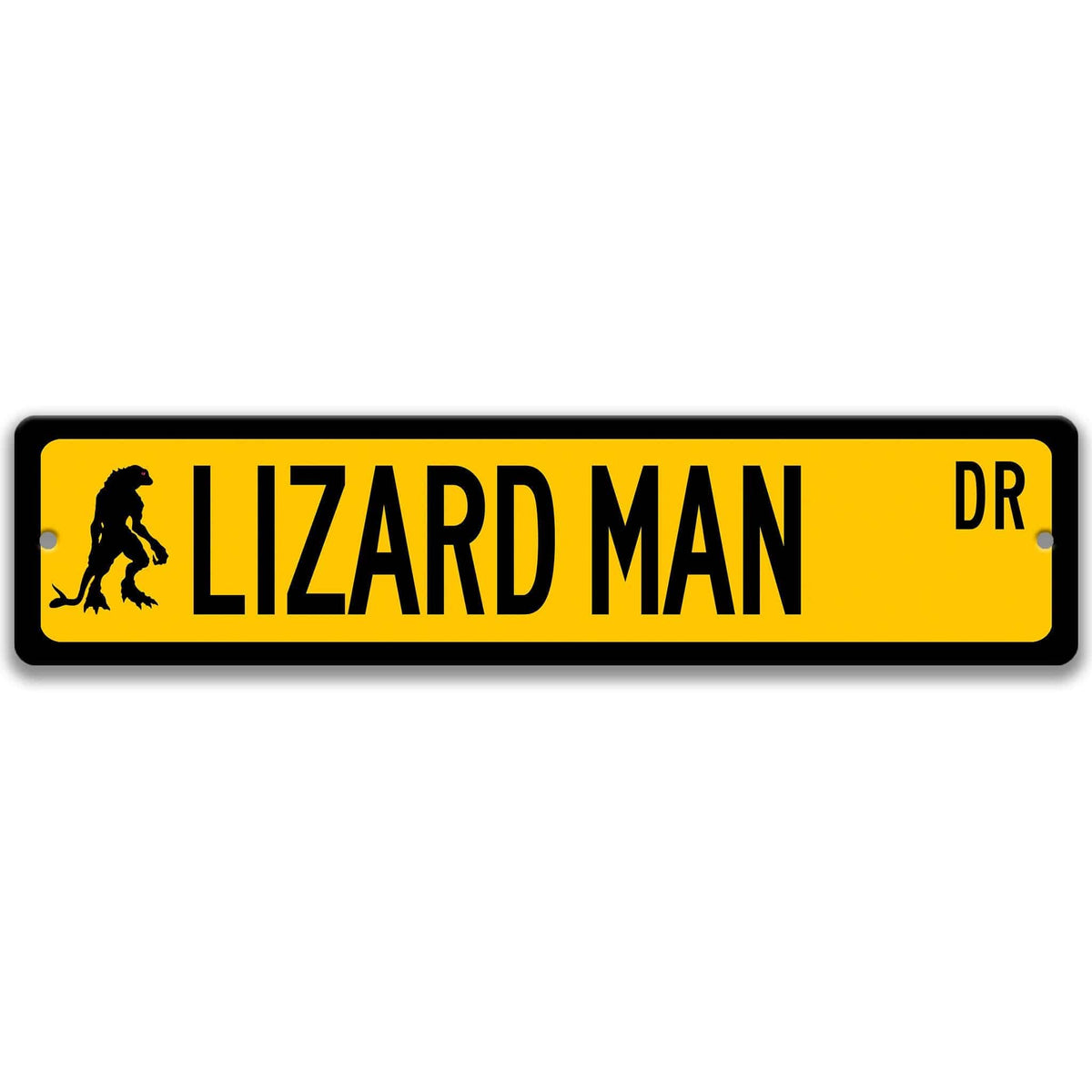 Yellow Lizard Man aluminum street name sign with black lettering