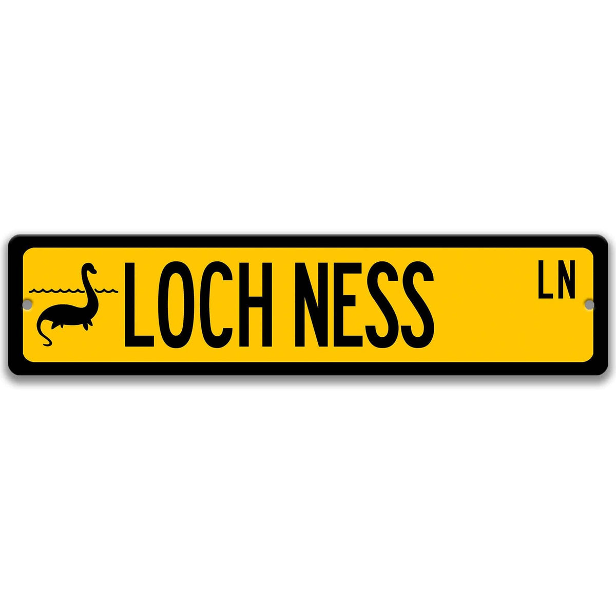 Yellow Loch Ness Monster aluminum street name sign with black lettering