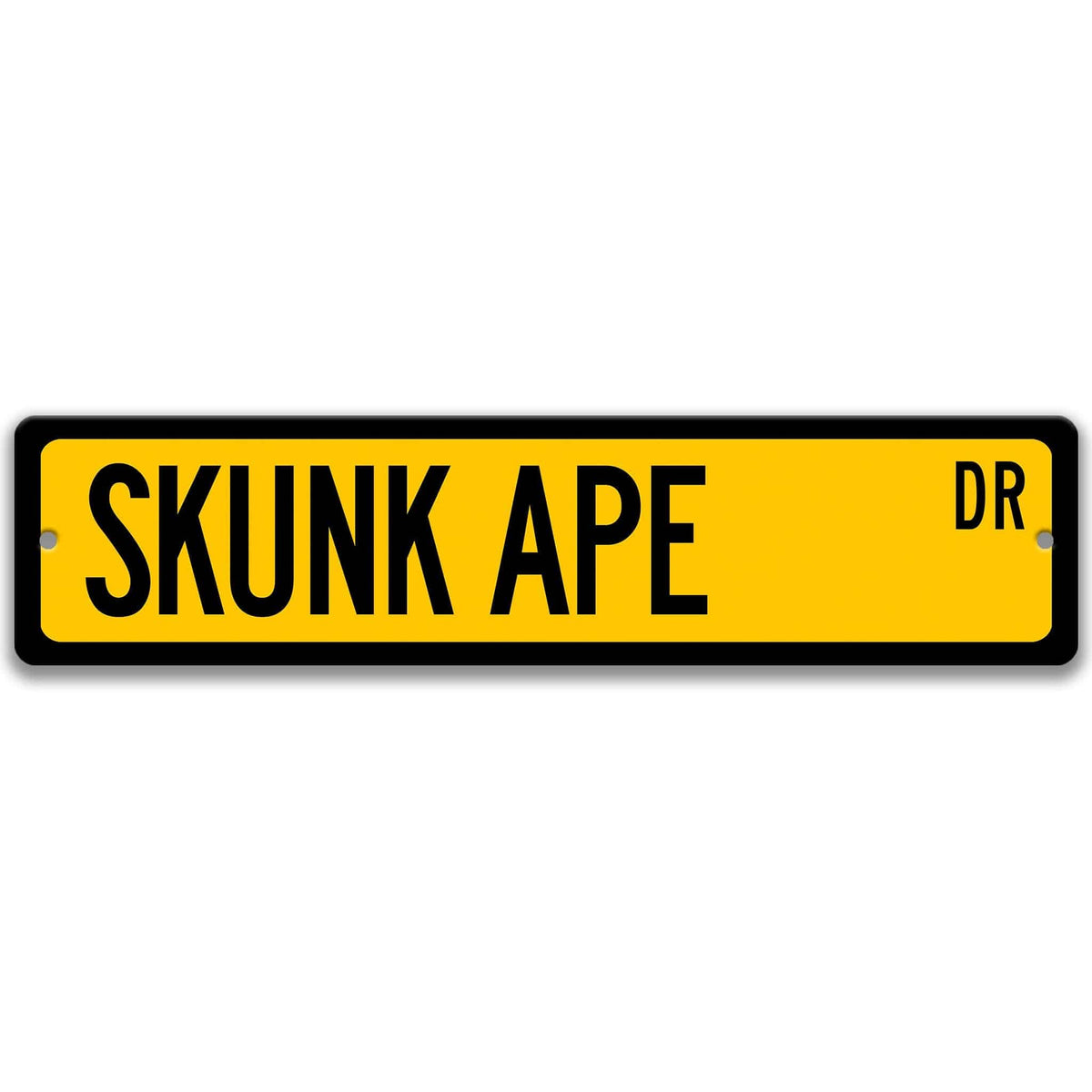 Yellow Skunk Ape aluminum street name sign with black lettering, alternate layout