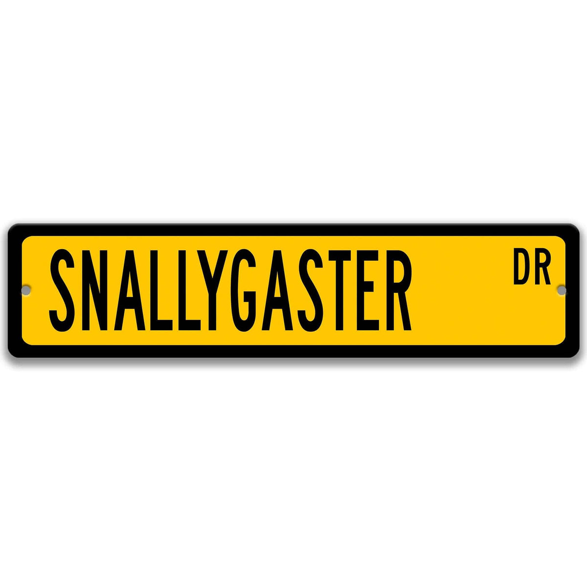 Yellow Snallygaster aluminum street name sign with black lettering, alternate layout