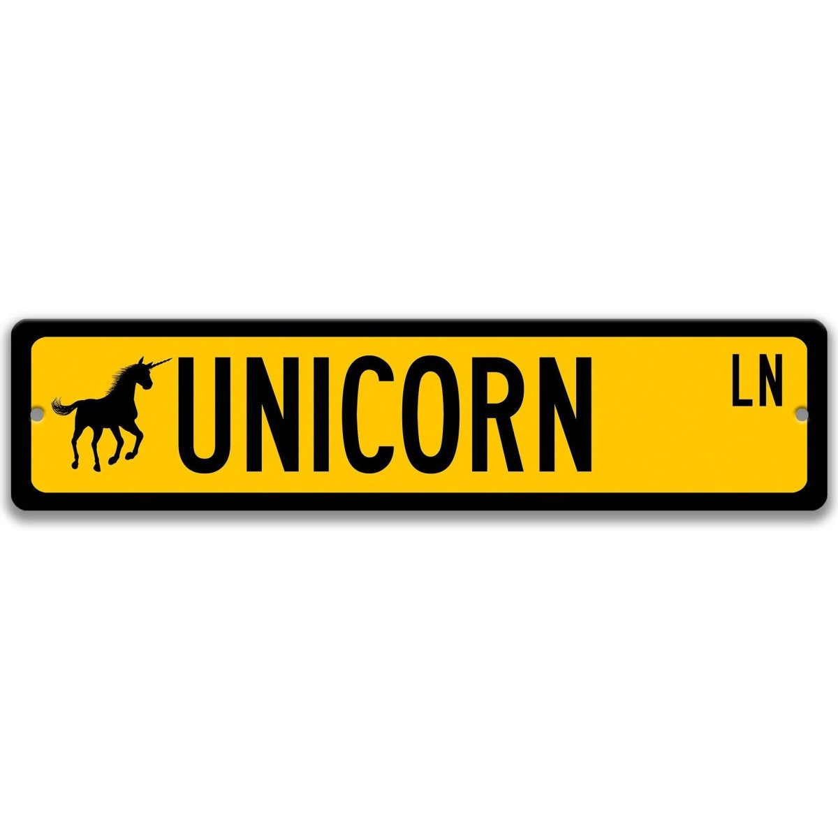 Yellow Unicorn aluminum street name sign with black lettering