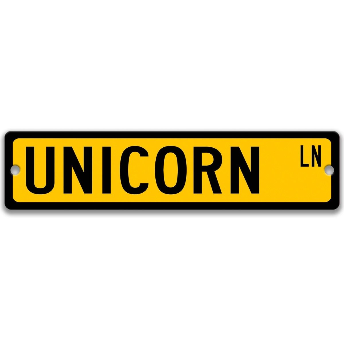 Yellow Unicorn aluminum street sign with black lettering