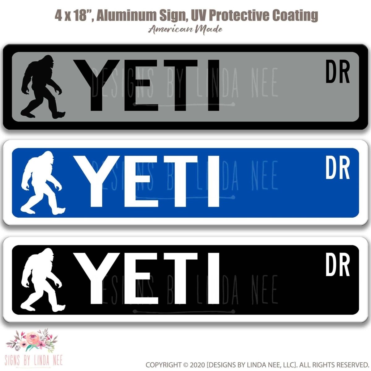 Yeti street name sign shown in three aluminum color options, alternate layout