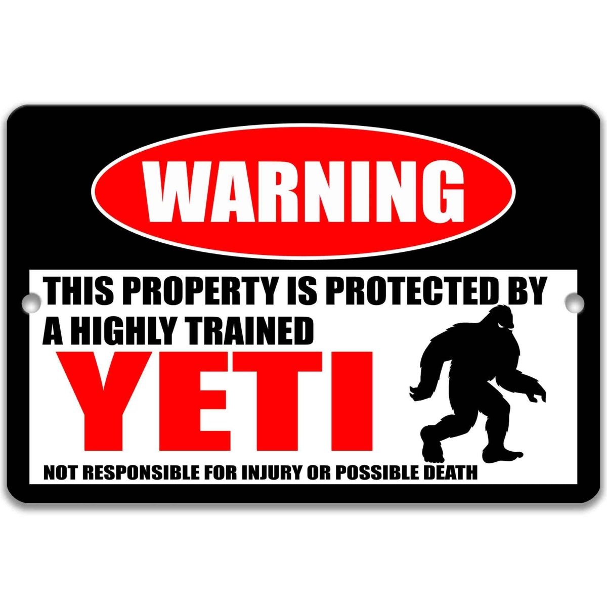 Yeti warning metal sign, glossy black, red WARNING oval and shaggy Yeti silhouette