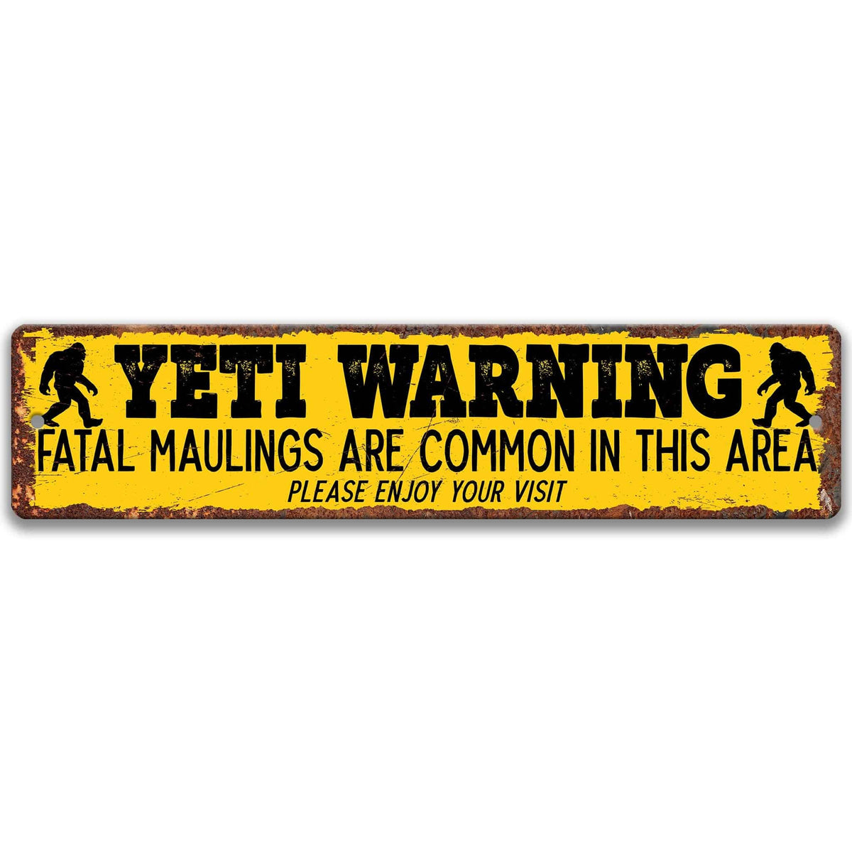 Yeti warning metal street sign, yellow, YETI WARNING, fatal maulings are common in this area, please enjoy your visit, flanked by yeti silhouettes