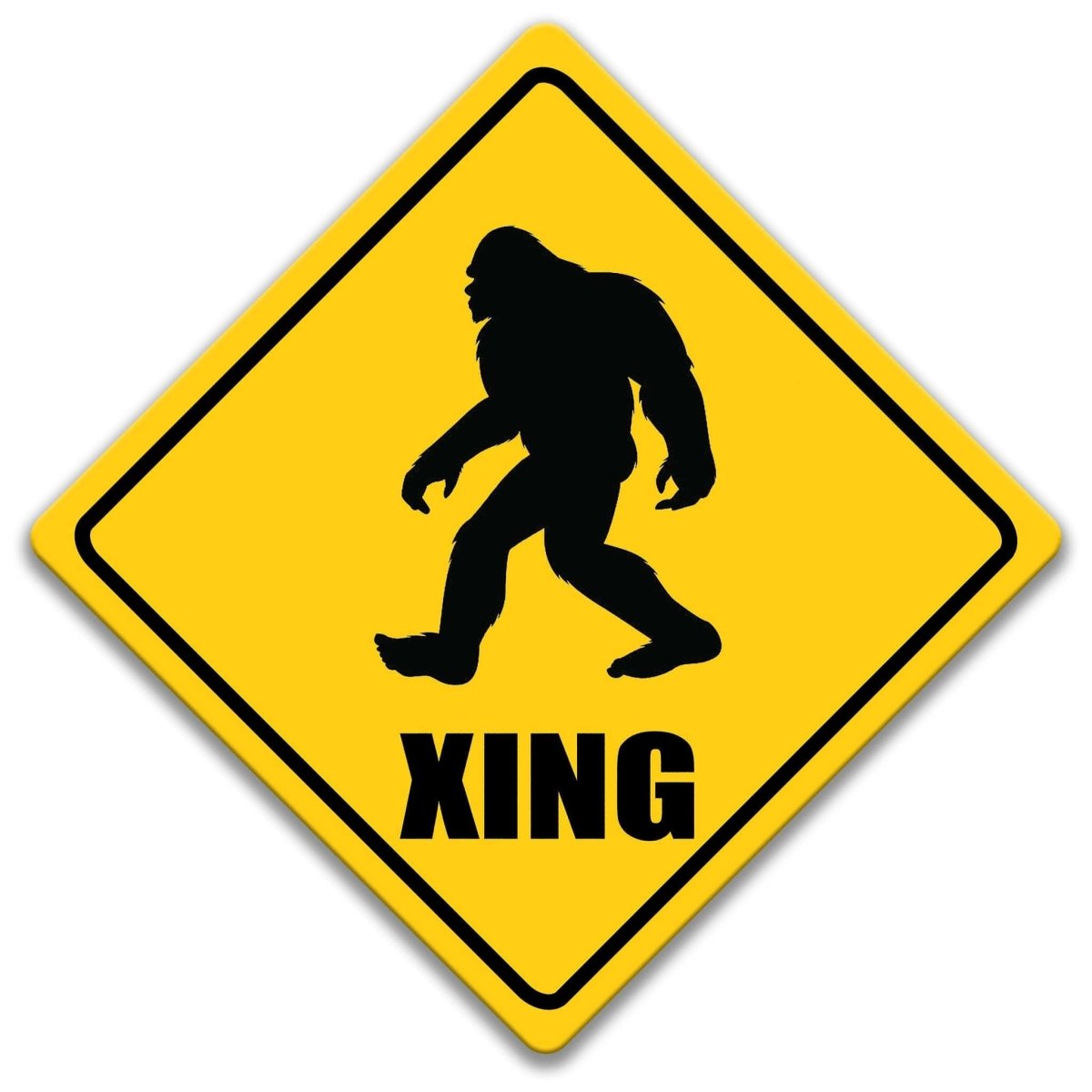 Yeti XING caution sign, yellow diamond shape, bold black Yeti silhouette above XING lettering