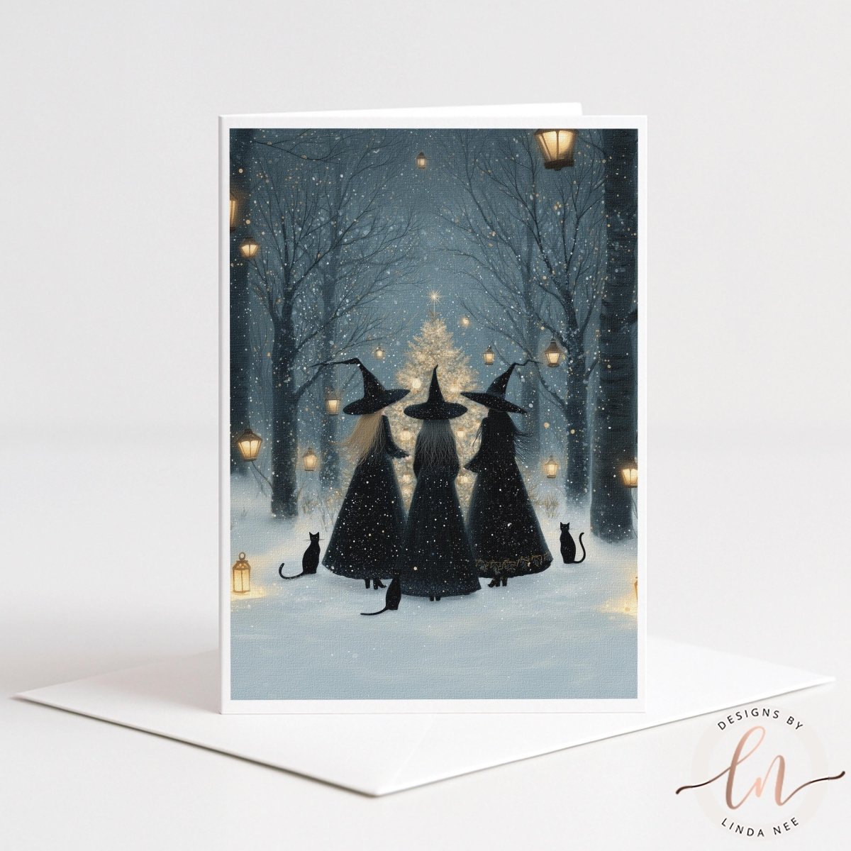 A group of three black-clad women with pointed hats are standing in a snowy forest, surrounded by lanterns and cats.