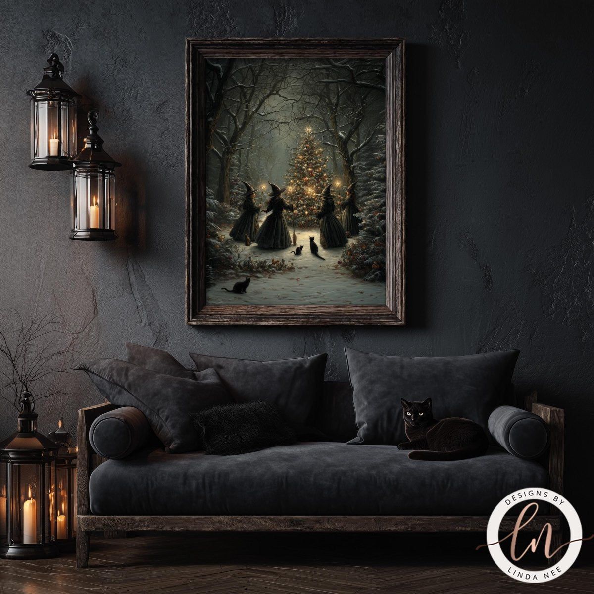 a cozy living room with a dark color scheme, including a black sofa and a black cat. Above the sofa, there is a framed painting depicting a winter scene with a Christmas tree and four women in black dresses. The painting is hung on a dark wall, and there are two lanterns on either side of the painting.