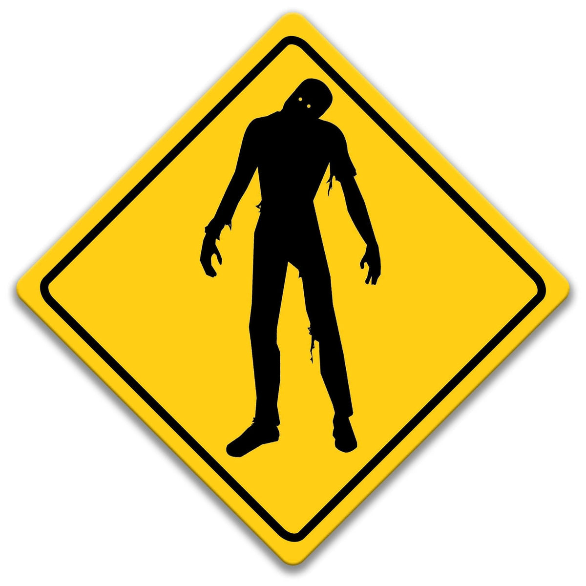 A yellow diamond-shaped sign with a black silhouette of a zombie or zombie-like figure.