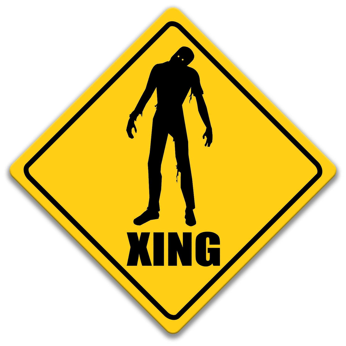 Zombie XING crossing sign, yellow diamond shape, bold black zombie silhouette above XING text