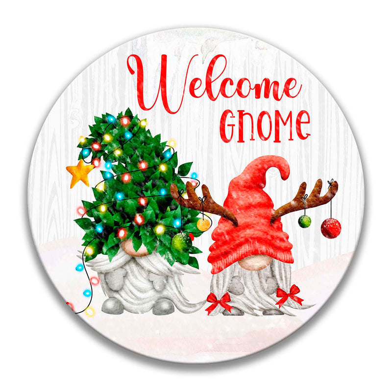 Welcome Gnome Christmas Light Antler & Tree Duo Wreath Sign
