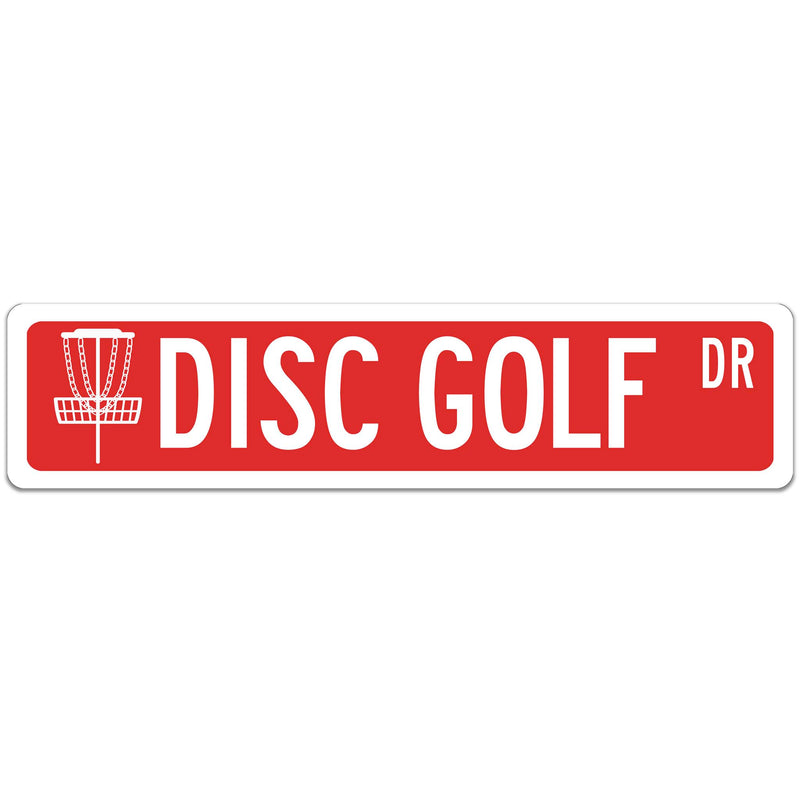 Disc Golf Street Sign with Basket on far left Red with White font 