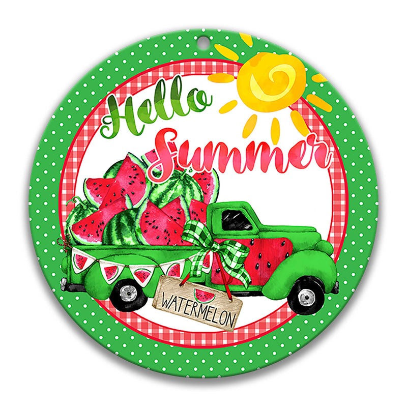 Hello Summer Watermelon Truck Metal Wreath Sign