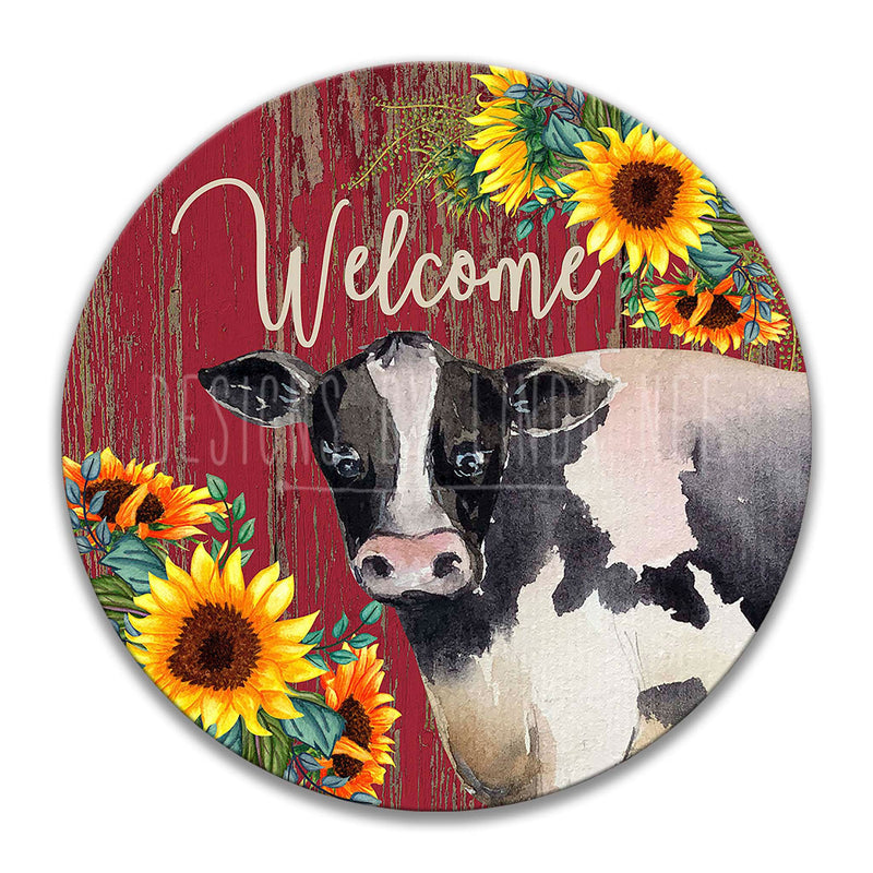 Rustic Farmhouse Cow with Sunflowers Wreath Sign