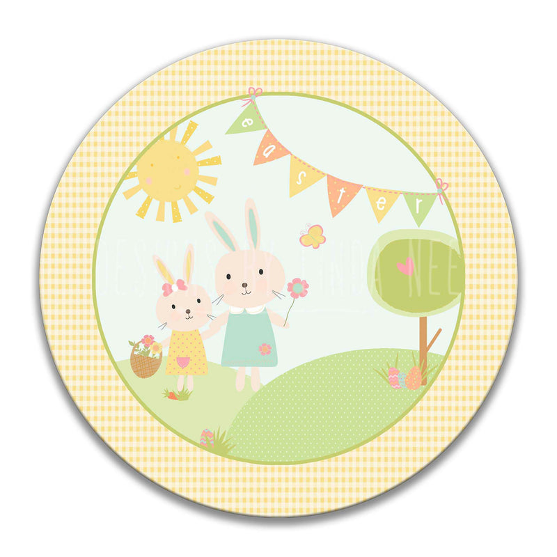 Bunny Mother and Child Under Easter Wreath Sign
