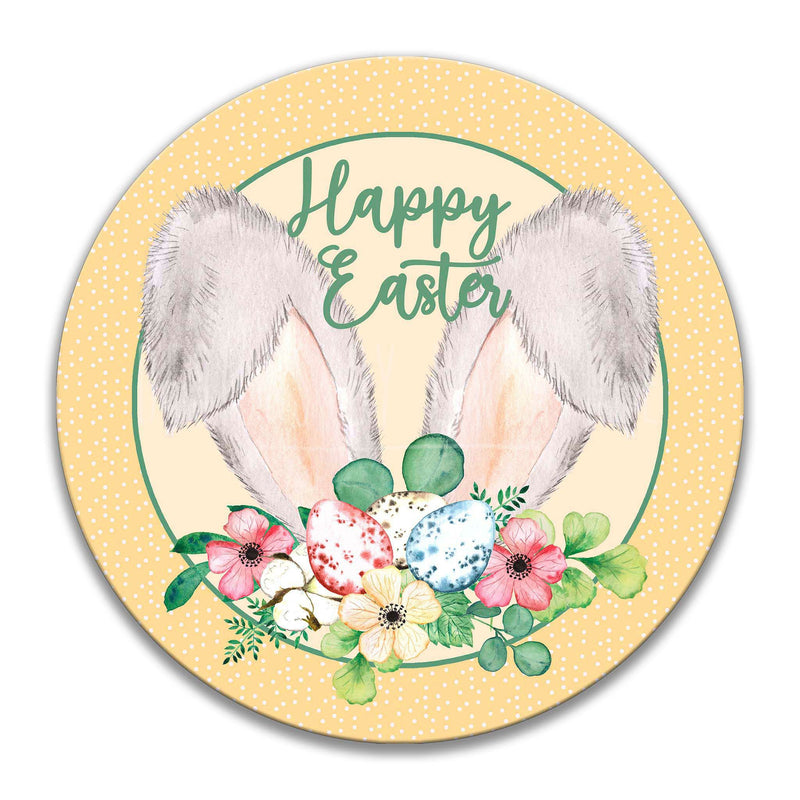Happy Easter Bunny Ears Yellow Wreath Sign