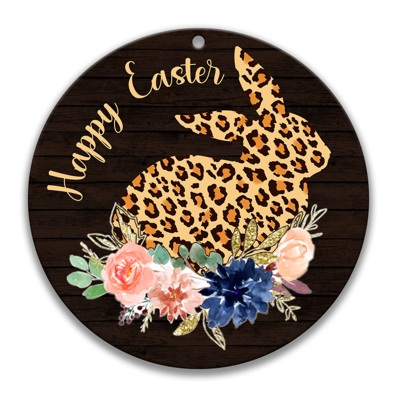 Happy Easter Leopard Print Bunny Wreath Sign