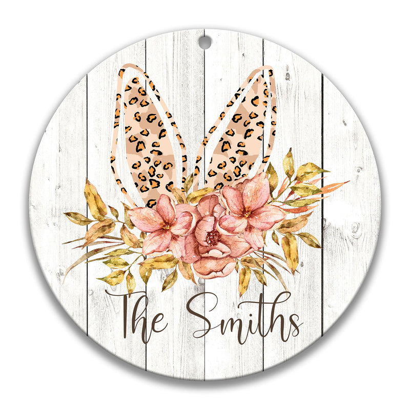 Leopard Bunny Ears Over Pink Flowers Personalized Wreath Sign