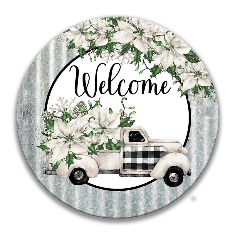 White Poinsettia Christmas Truck Welcome Wreath Sign