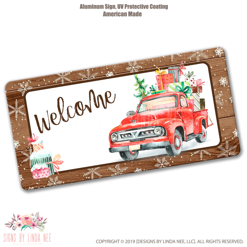Christmas Wreath Sign, Vintage Red Truck Sign, Front Door Sign, Christmas Decor, Welcome Sign, Farmhouse Wreath, Red Truck Wreath SHO128