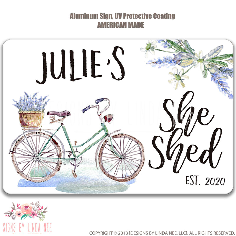 Personalized She Shed Sign, Lavender Custom Woman's Shed Sign, She Shed Gift, Cute She Shed Decor, Floral Door Bicycle Sign SPH34
