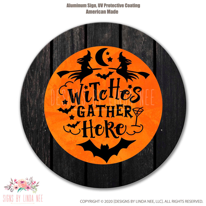 Witches Gather Here Halloween Wreath Sign, Witch Wreath Sign, Rustic Wood Round Front Door Sign, Halloween Decor, Wreath Enhancement SHO250